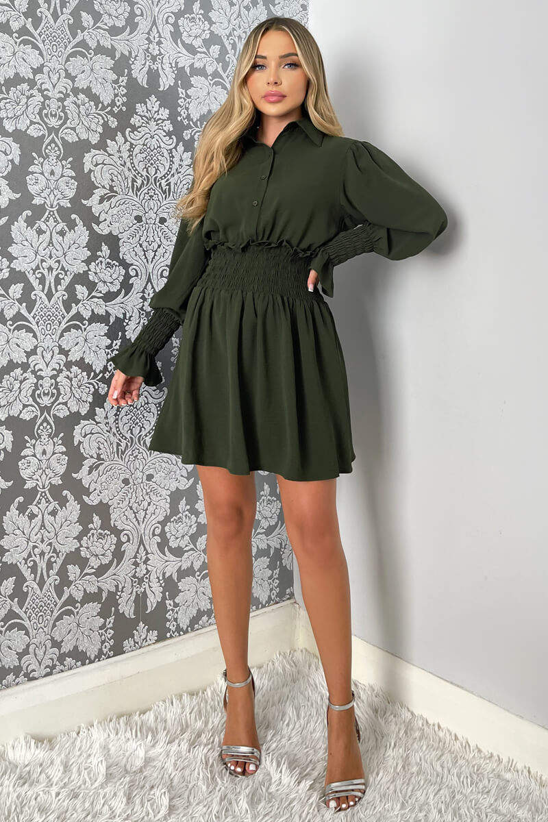 Olive Shirred Waist Long Sleeve Shirt Dress – AX Paris