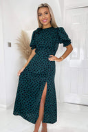 Teal And Black Heart Printed Frill Front Midi Dress