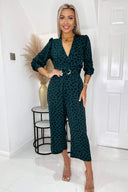 Green And Black Heart Printed Belted 3/4 Sleeve Jumpsuit