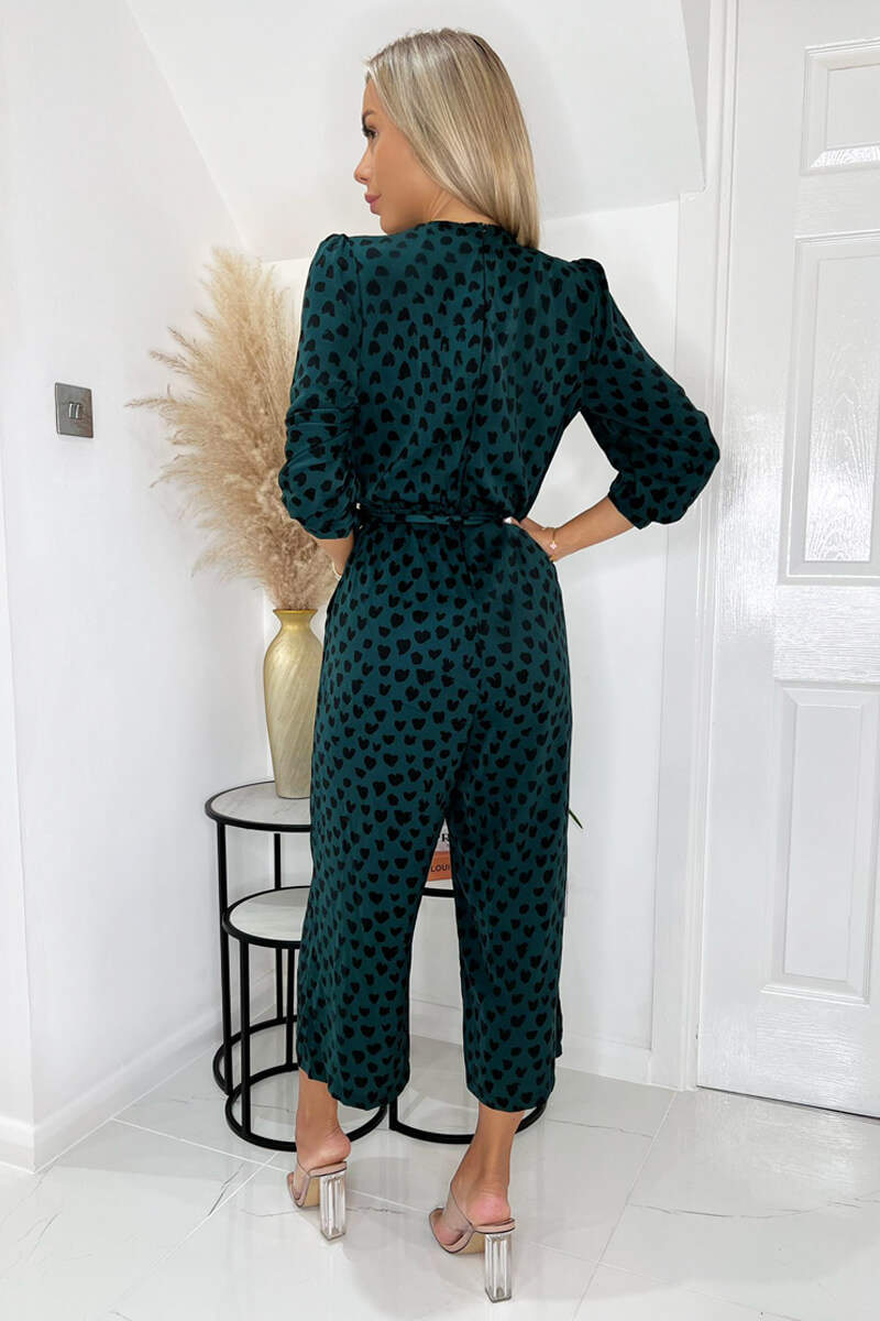 Green And Black Heart Printed Belted 3/4 Sleeve Jumpsuit