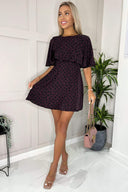 Plum And Black Heart Printed Ruched Top Butterfly Sleeve Mini Dress