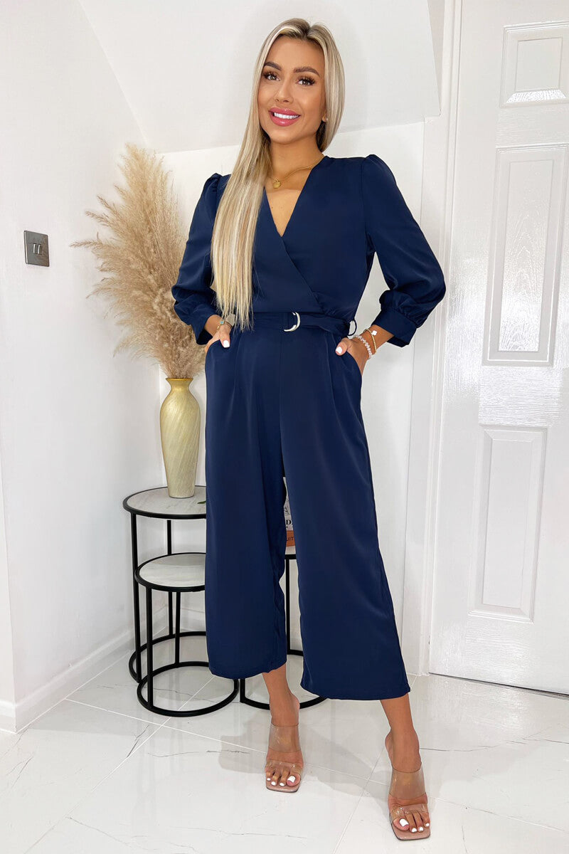 Navy Wrap Top Belted Culotte Jumpsuit
