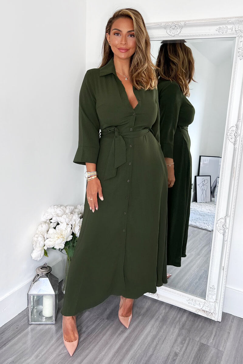 Olive Button Up Midi Shirt Dress