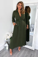 Olive Button Up Midi Shirt Dress