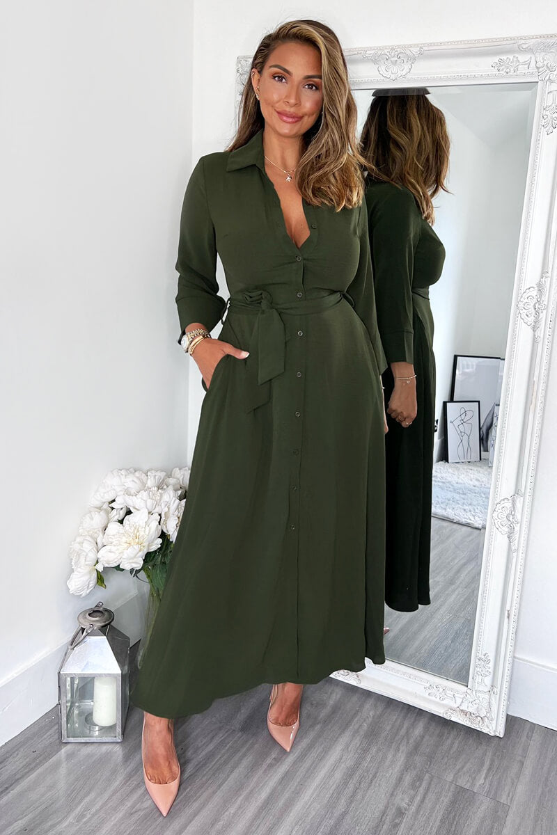 Olive Button Up Midi Shirt Dress