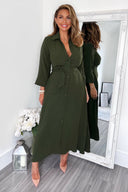 Olive Button Up Midi Shirt Dress