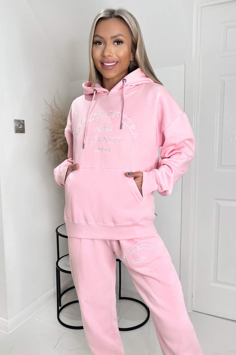 Pink French Riviera Embroidered Slogan Hoodie Lounge Set