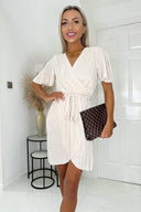 Cream Wrap Top Belted Short Sleeve Plisse Mini Dress