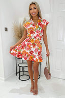 Multi Floral Printed Short Sleeve Mini Dress