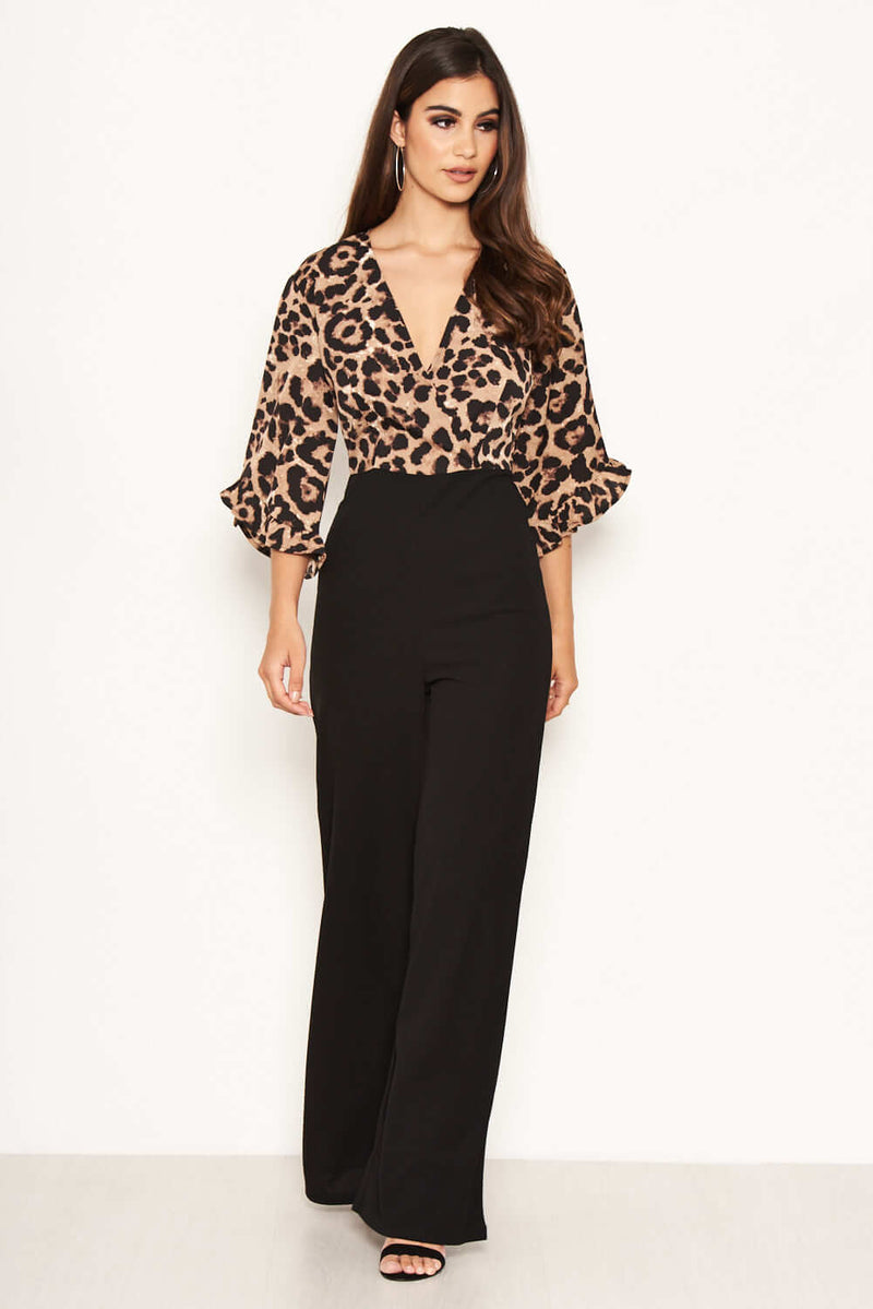 2 in 1 Leopard Print Frill Sleeve Jumpsuit