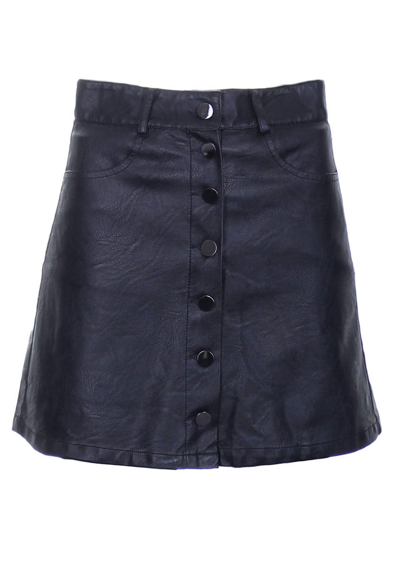 Black Button Front PU Skirt