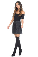 Black Button Front PU Skirt