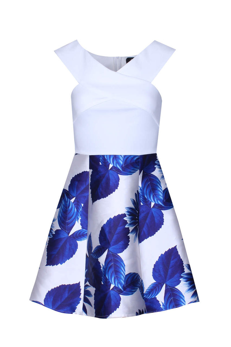 2 In 1 Cream And Blue Printed Skirt Mini Dress