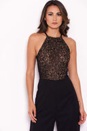 Black Nude Lace Halter Neck Straight Leg Jumpsuit