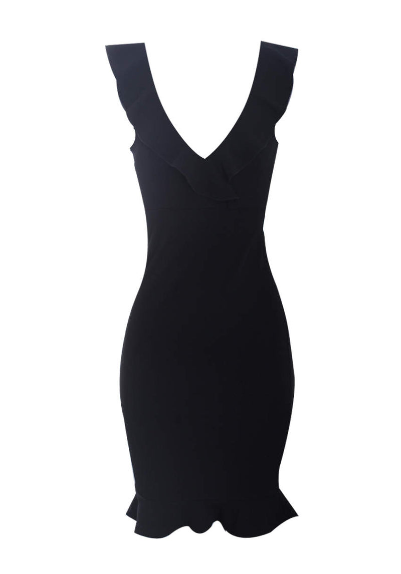 Black V Neck Frill Detail Bodycon Dress