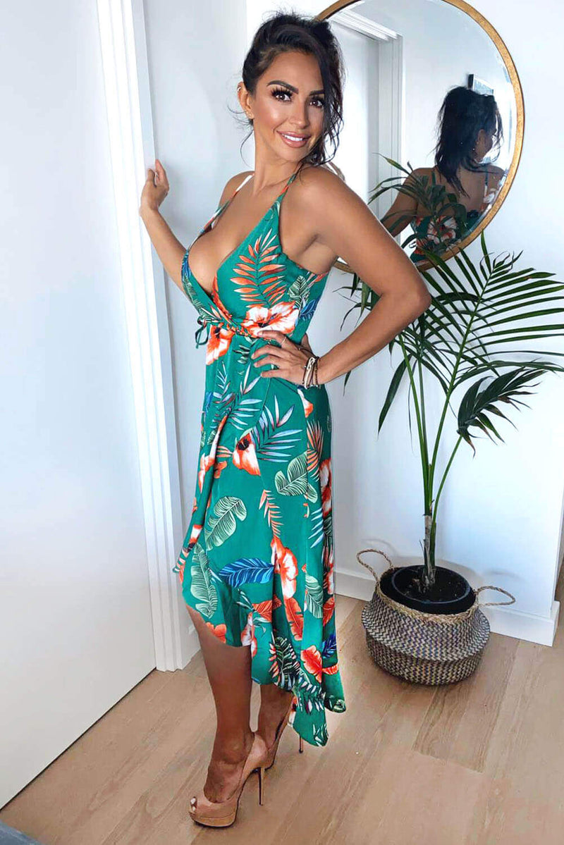 green floral wrap midi dress Dayana Floral Poplin Wrap Midi Dress GREEN-BLUE / M by Sugarlips