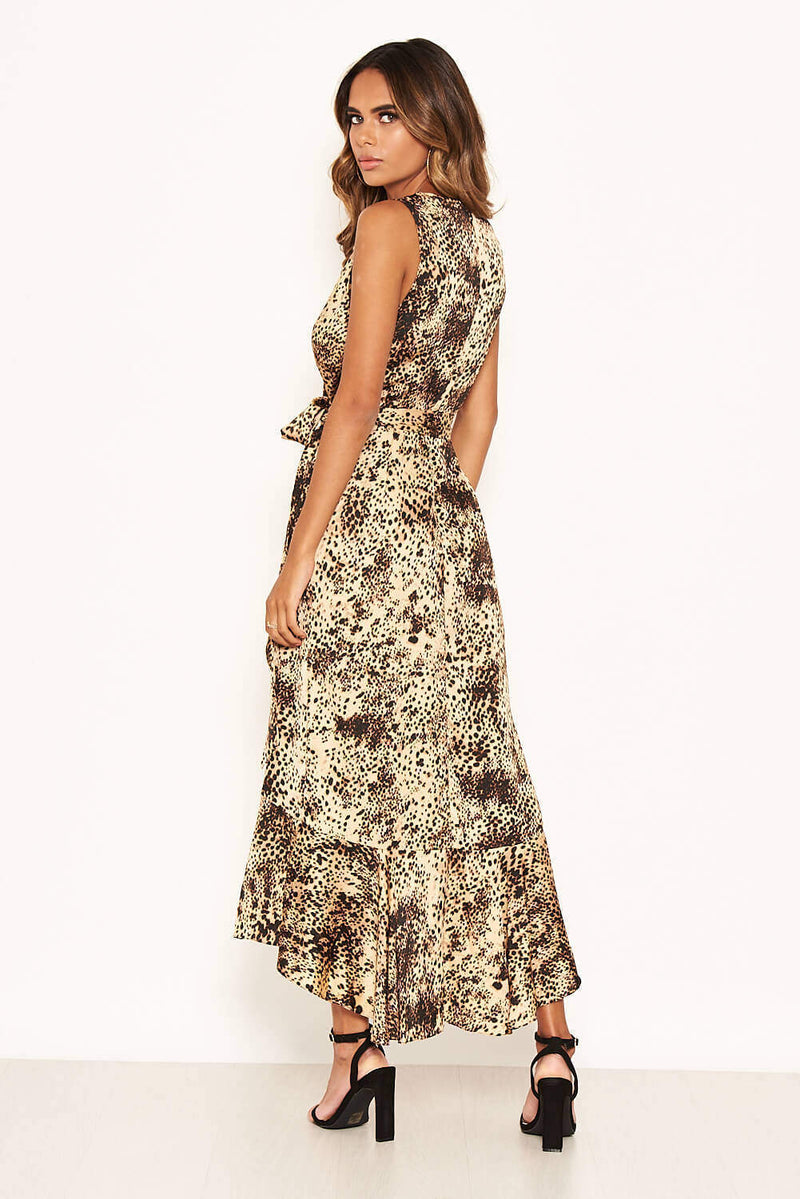 Animal Print Wrap Frill Hem Maxi Dress