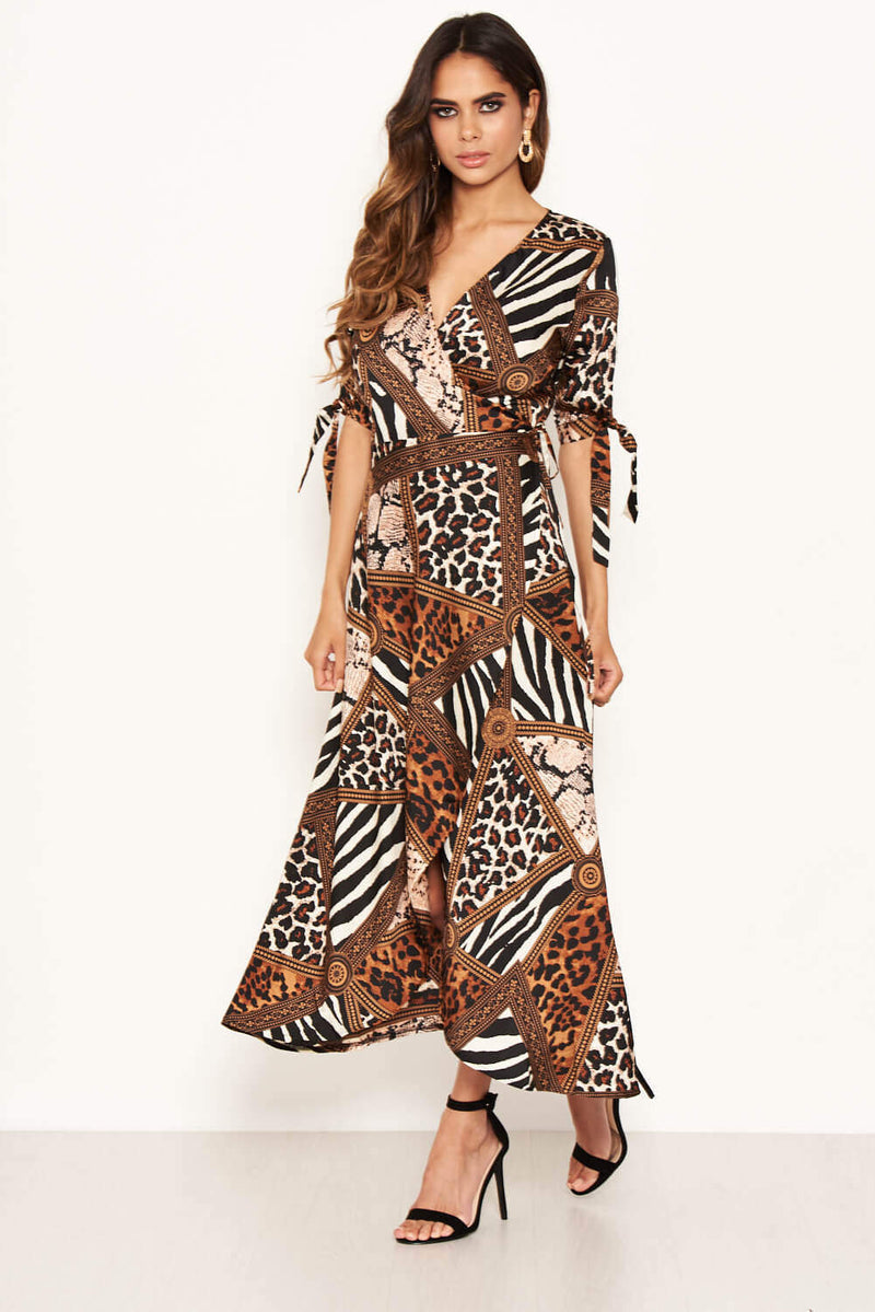 Animal Print Wrap Midi Dress