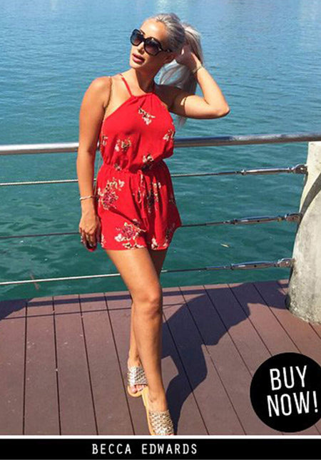 Red Floral Print Drawstring Playsuit