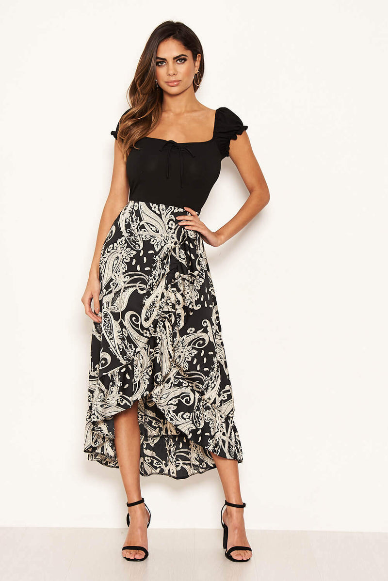Black Printed Layered Frill Ruched Sleeve Dress