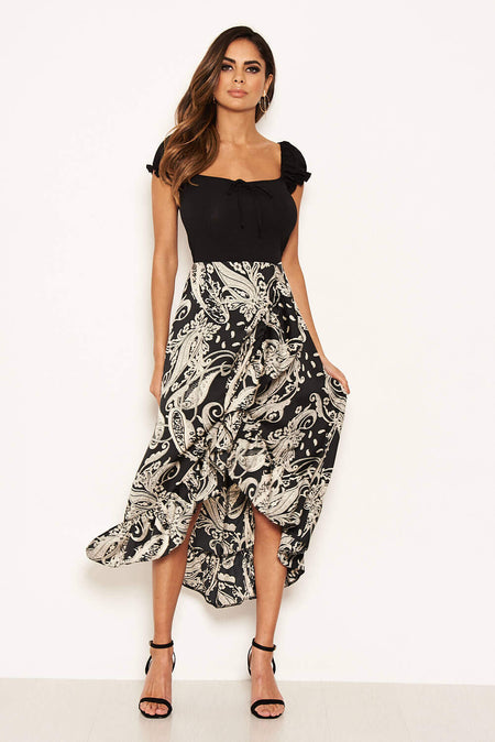 Black Printed Layered Frill Ruched Sleeve Dress