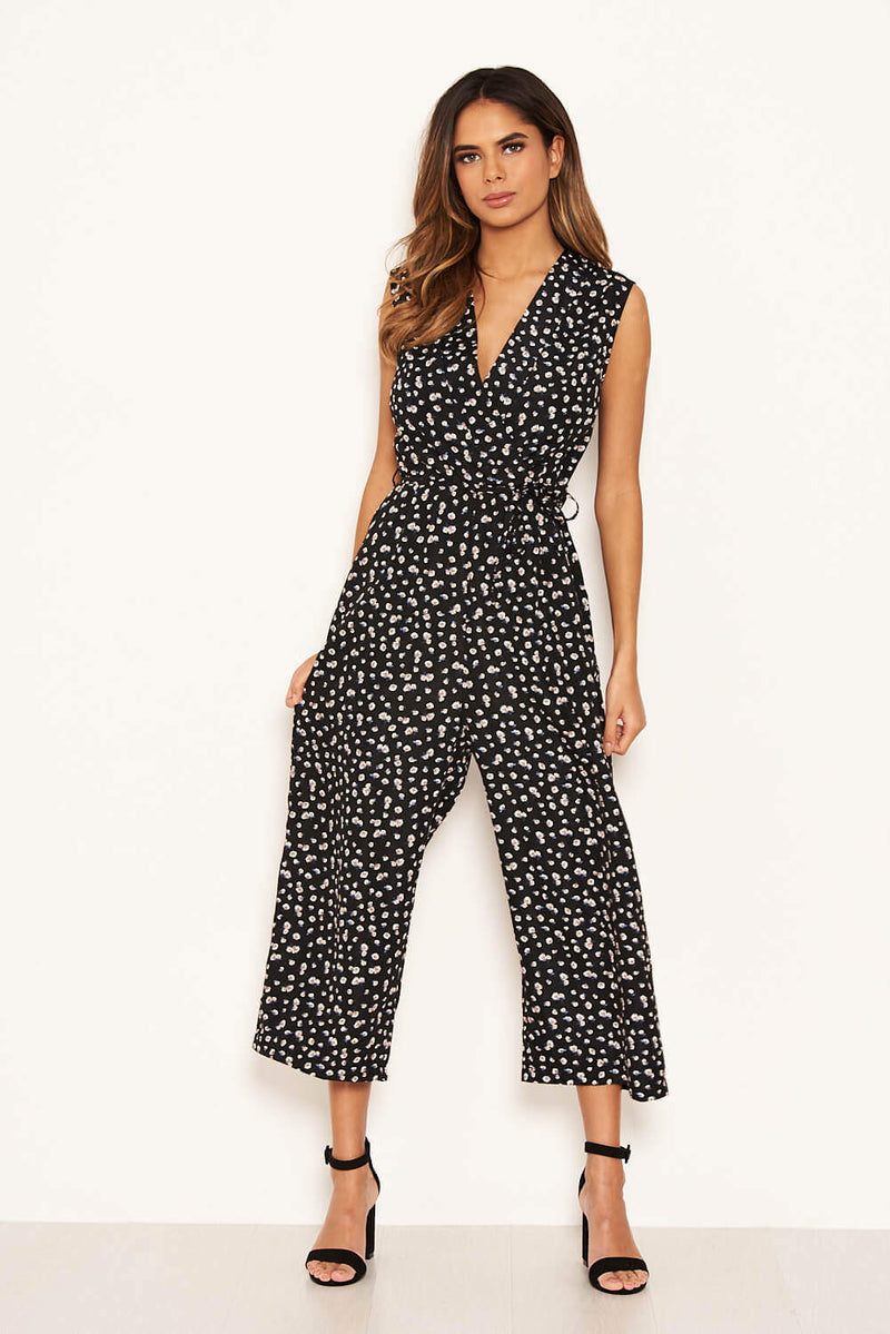 Black Ditsy Wrap Jumpsuit