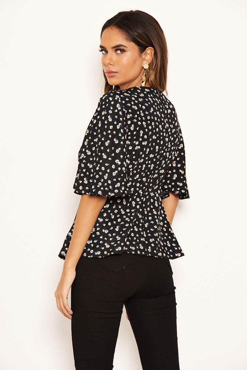 Black Ditsy Floral Flared Blouse