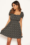Black Ditsy Floral Puff Sleeve Day Dress