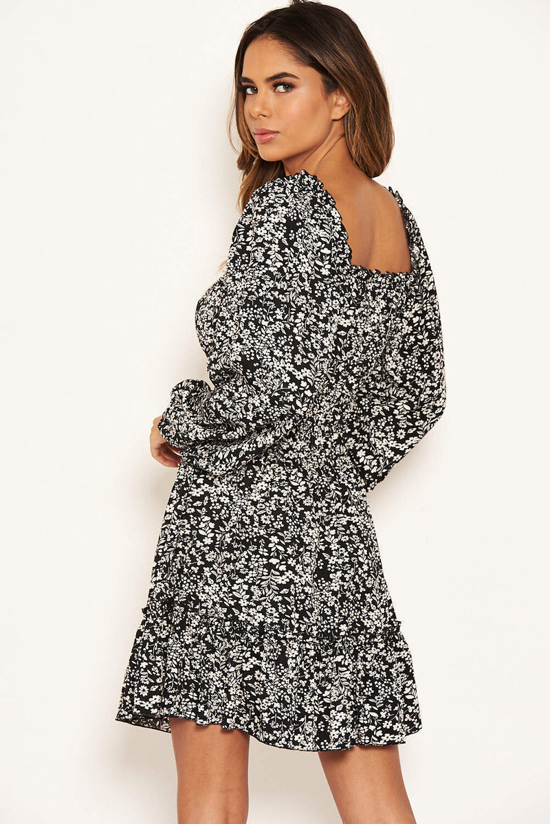 Black Floral Square Neck Swing Dress – AX Paris