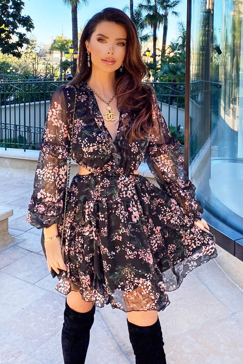 Black Floral Frill Cut Out Dress