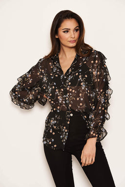 Black Floral Frill Sheer Shirt – AX Paris