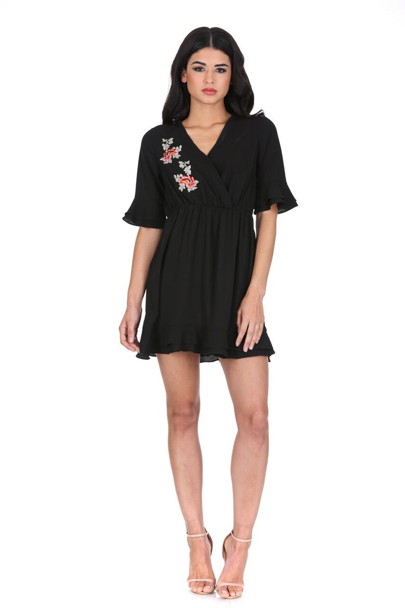 Black Floral Embroidered Frill Detail Dress