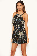 Black Floral Print Tie Waist Playsuit