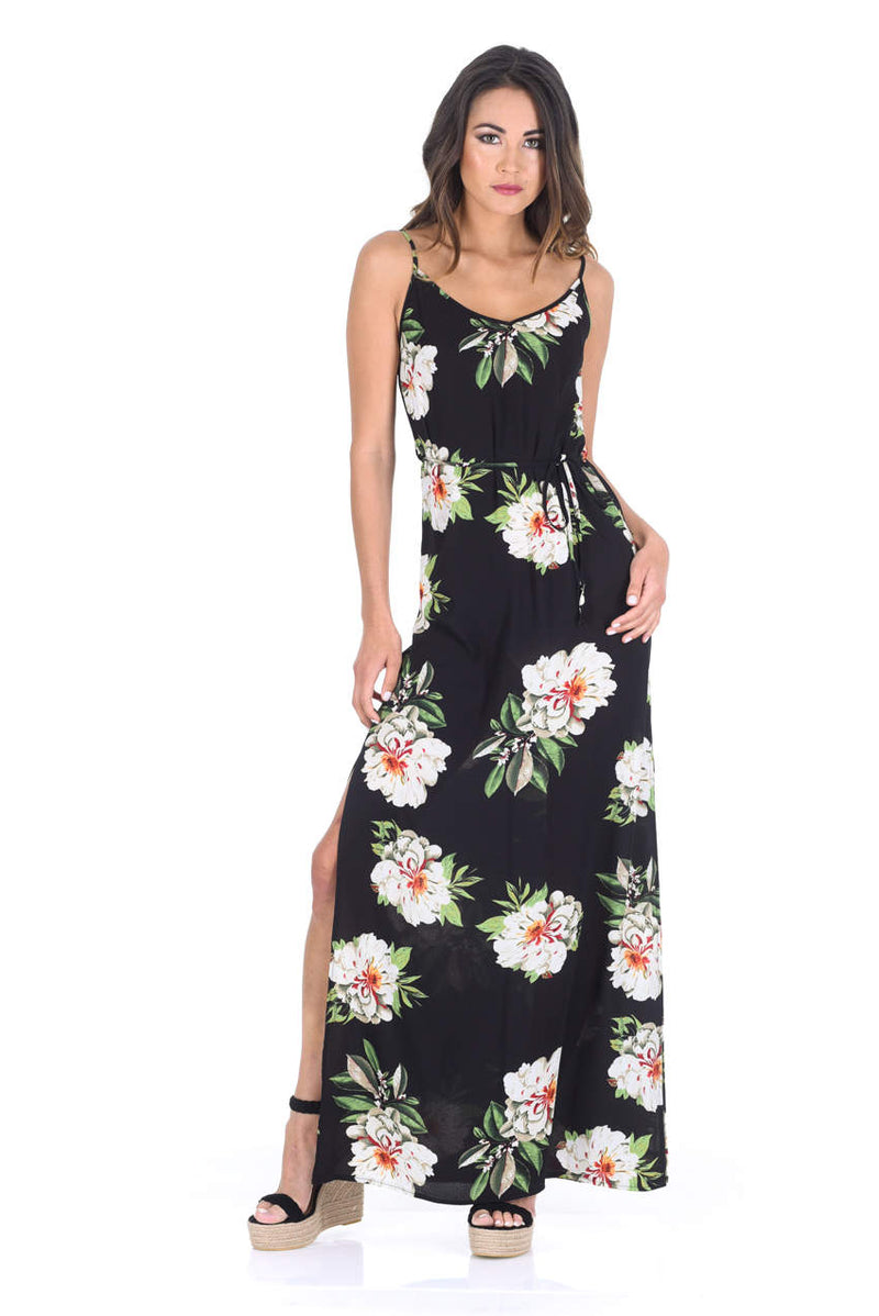 ax paris floral maxi dress Black Gathered Waist Floral Split Maxi Dress AX Paris