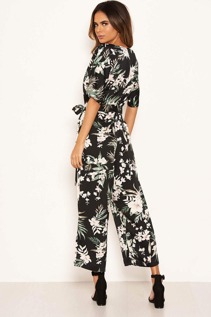 Black Floral Crew Neck Culotte Jumpsuit