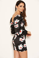 Black Floral Print Sweetheart Wrap Over Dress