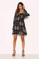 Black Floral Print Puff Sleeve Dress