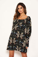 Black Floral Print Puff Sleeve Dress