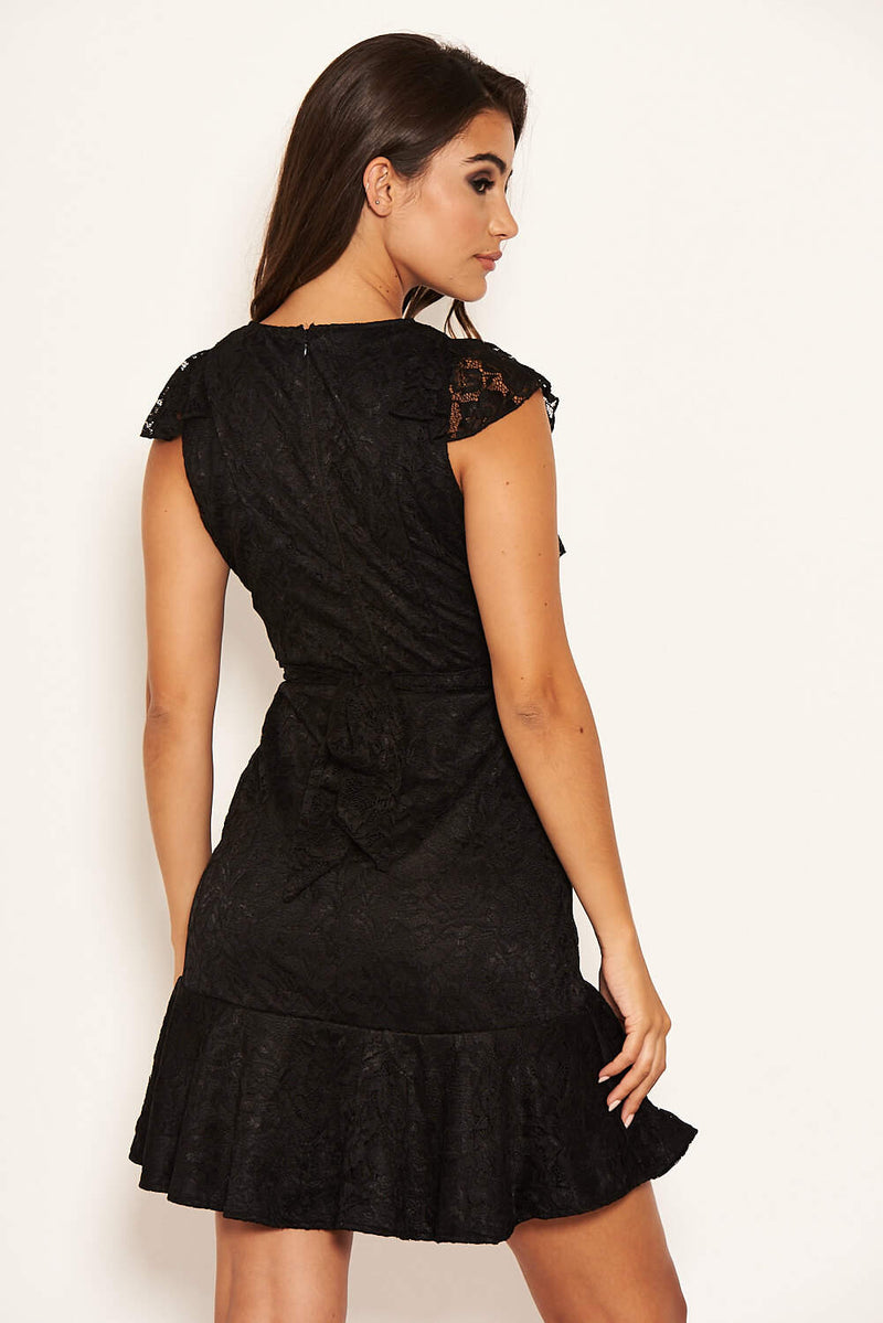 Black Lace Tie Front Frill Dress
