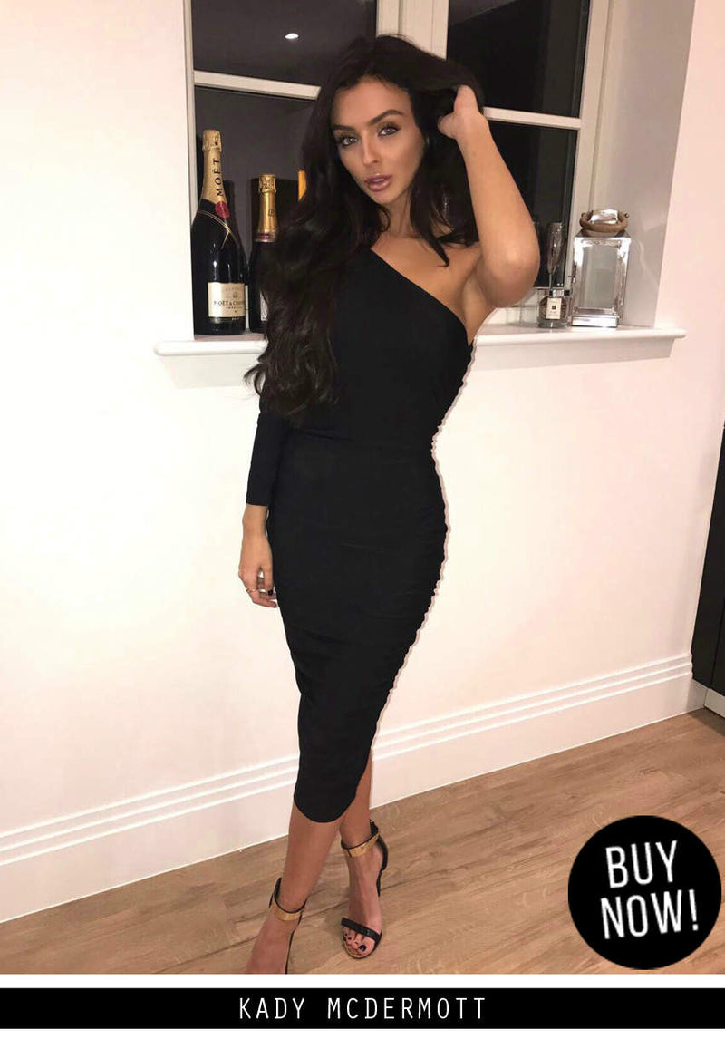 Black One Sleeve Slinky Midi Dress