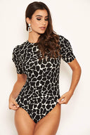 Black Printed Ruched Sleeve Bodysuit