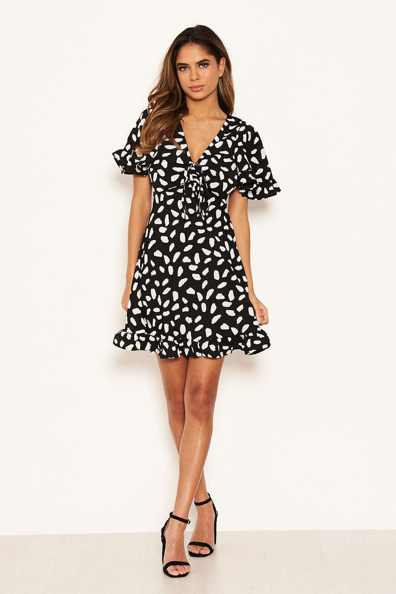 Black Spotted Ruched Bust Detail Dress