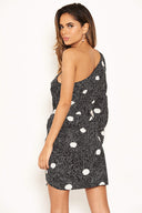 Black Printed One Sleeve Ruched Dress