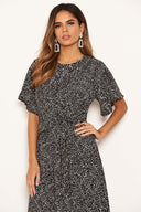 Black Spotty Flared Dress With Tie Detail