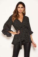 Black Frill Spotted Wrap Top