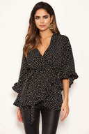 Black Frill Spotted Wrap Top