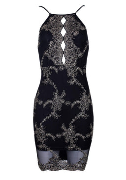 Black and Gold Embroidered High neck Bodycon Dress