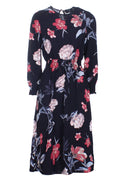 Black Floral Long Sleeve Elastic Waist Midi Dress