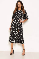 Black Polka Dot Ruffle Sleeve Split Dress