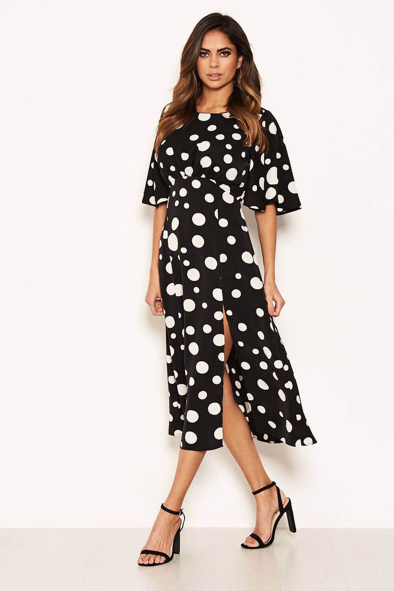 Black Polka Dot Ruffle Sleeve Split Dress